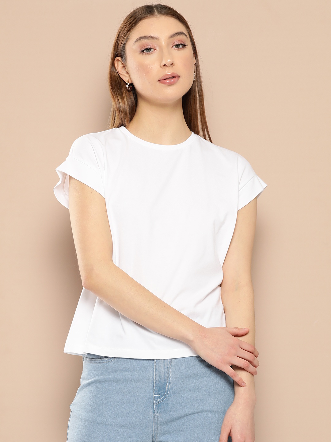 

Chemistry Women Solid Round Neck Dolman Sleeves T-shirt, Off white