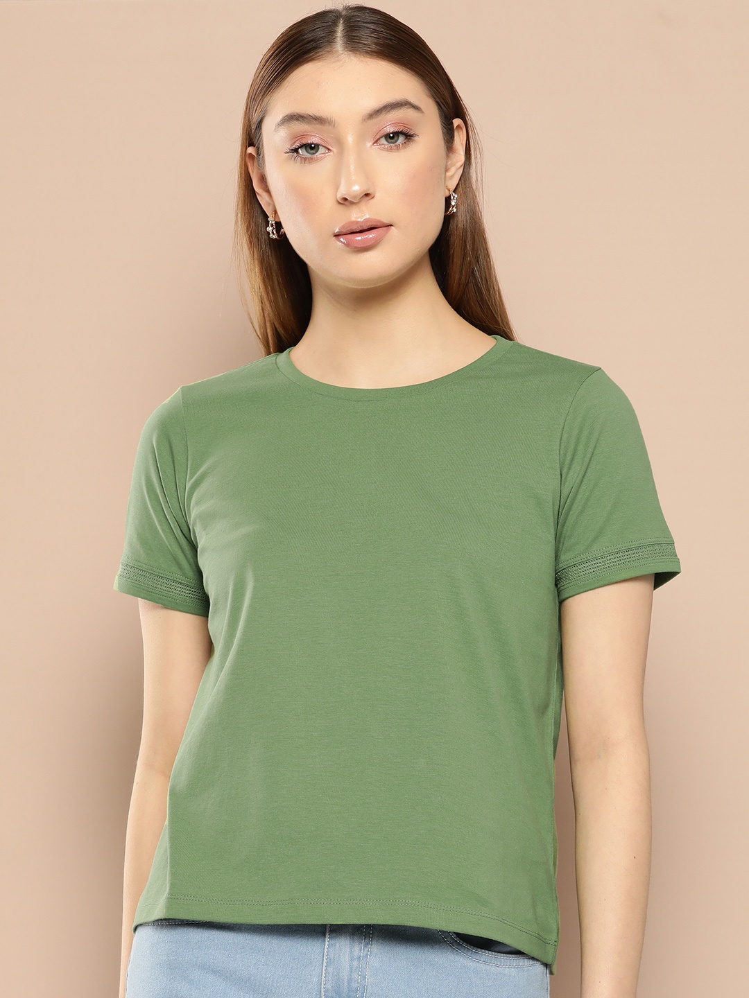 

Chemistry Women Solid Round Neck Half Sleeves T-shirt, Olive