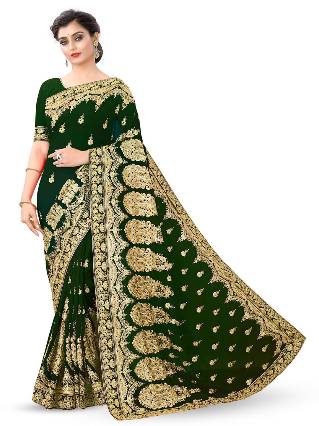 

B Bella Creation Ethnic Motifs Embroidered Beads & Stones Saree, Green