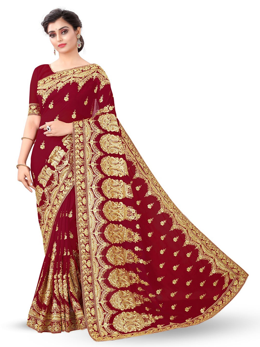 

B Bella Creation Ethnic Motifs Embroidered Beads & Stones Saree, Maroon