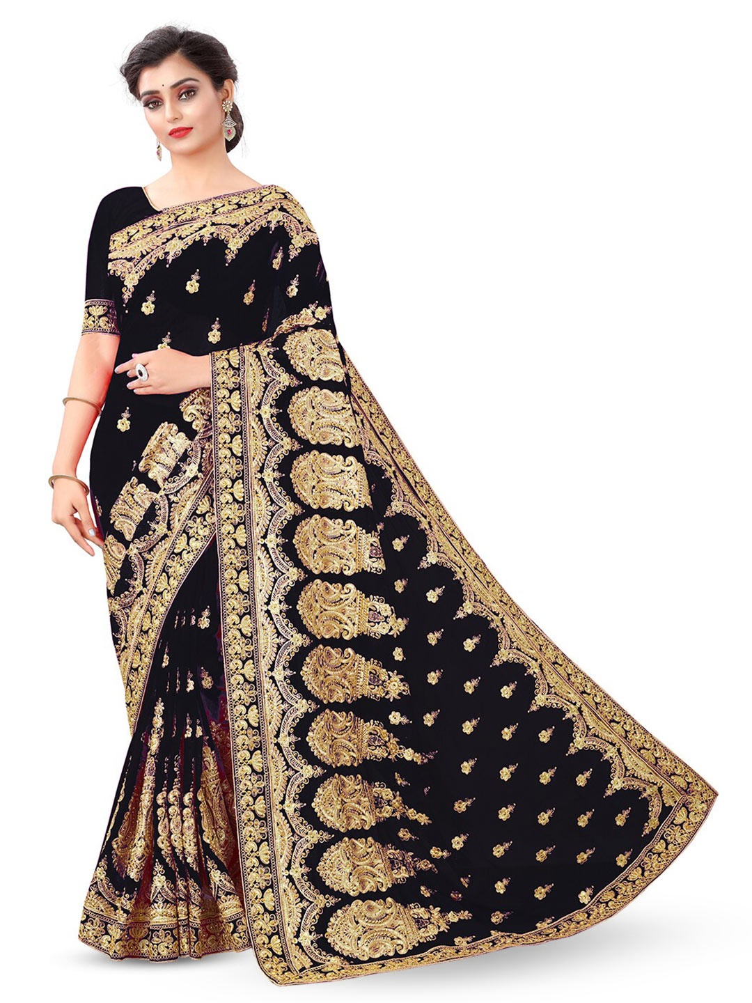 

B Bella Creation Ethnic Motifs Embroidered Beads & Stones Saree, Black