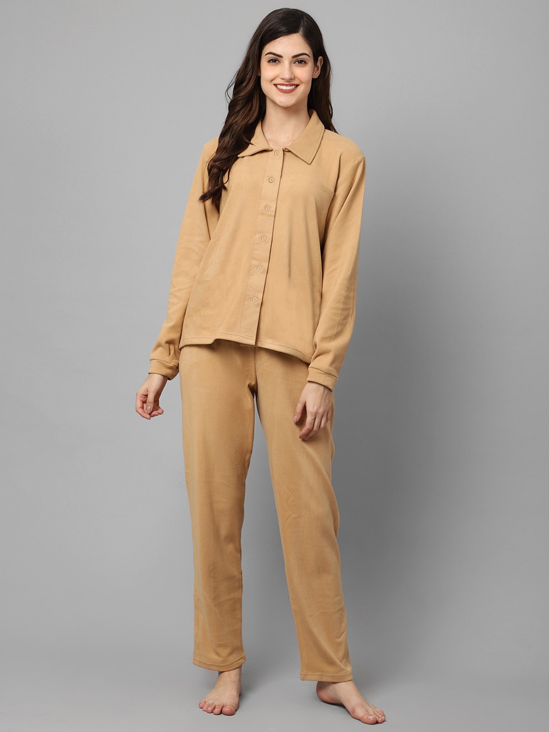 

Kanvin Shirt Collar Night Suit, Beige