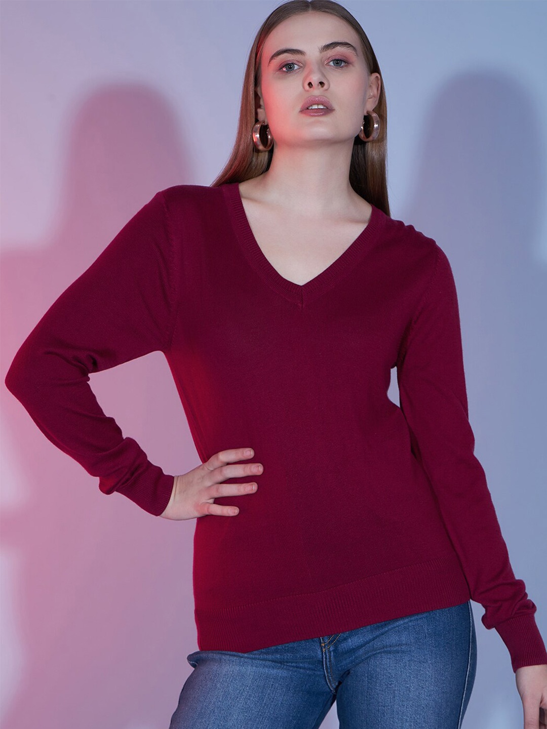 

HILL STREET V-Neck Long Sleeves Cotton Pullover Sweater, Maroon