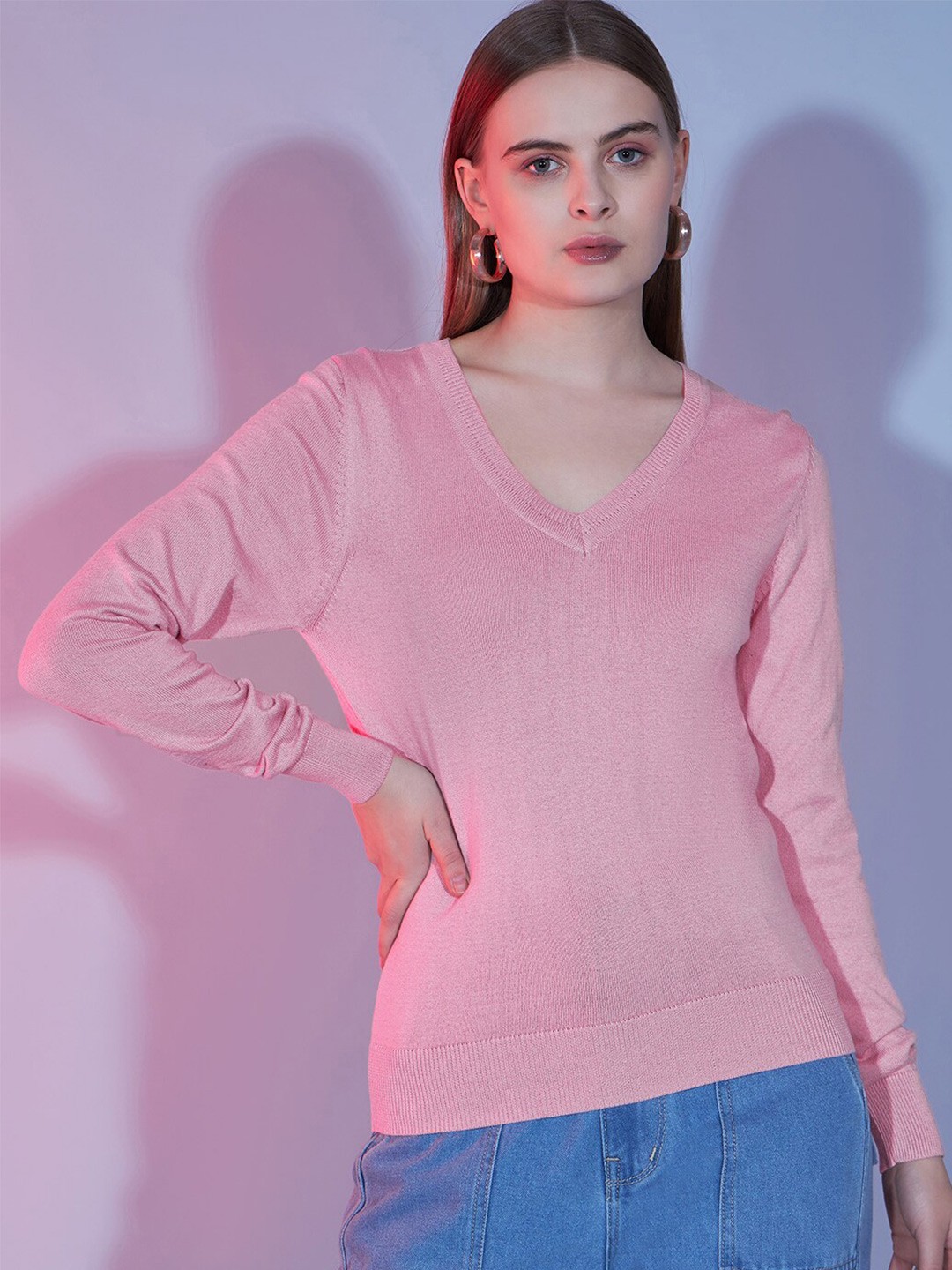

HILL STREET V-Neck Long Sleeves Cotton Pullover Sweater, Rose