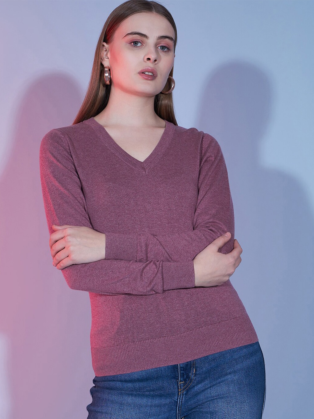 

HILL STREET V-Neck Long Sleeves Cotton Pullover Sweater, Lavender