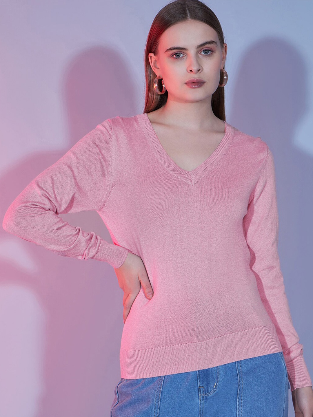 

HILL STREET V-Neck Long Sleeves Cotton Pullover Sweater, Rose
