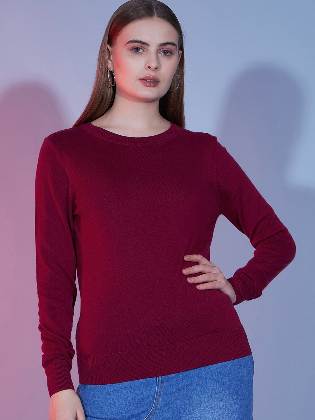 

HILL STREET Round Neck Long Sleeves Cotton Pullover Sweater, Maroon
