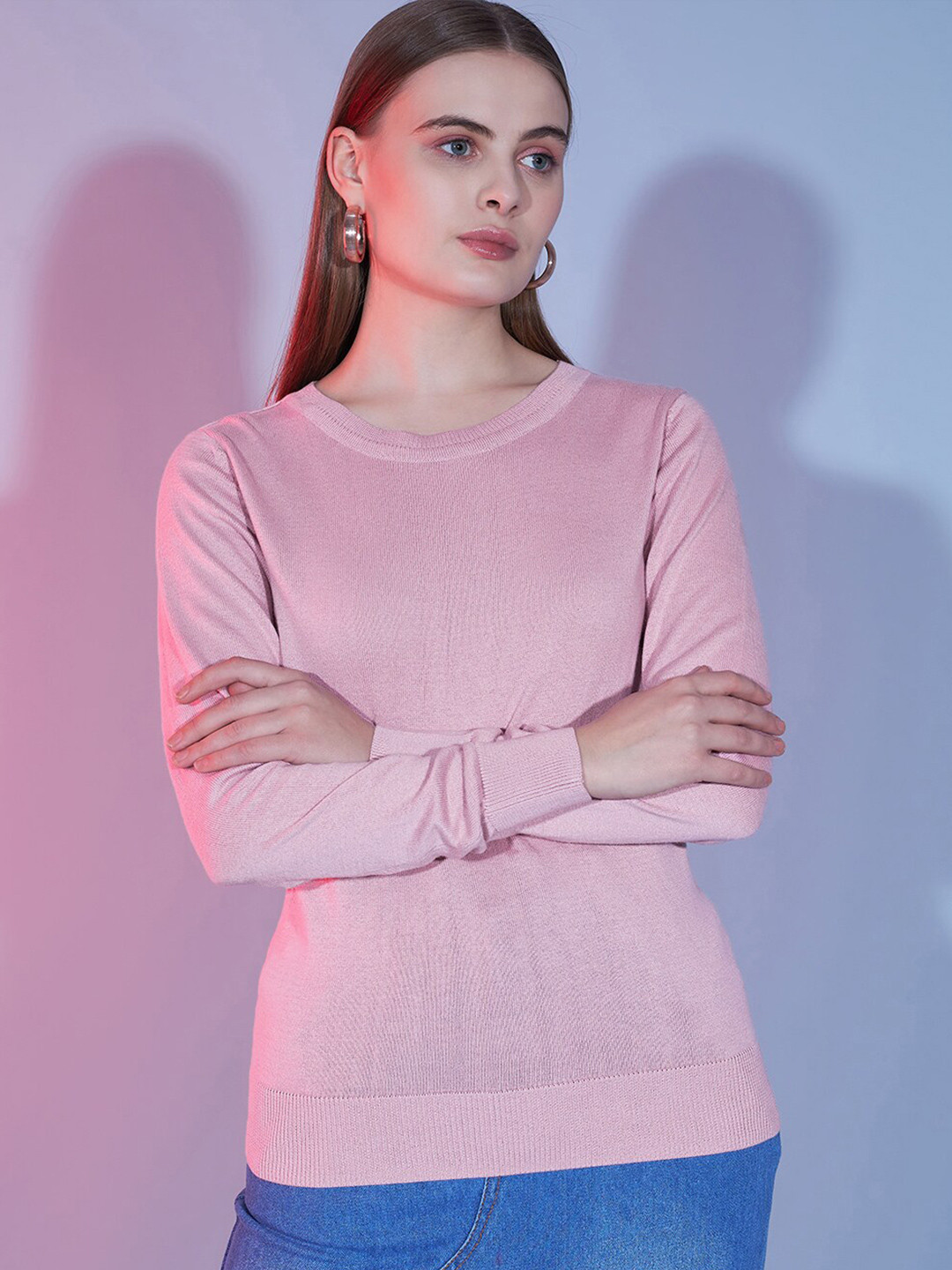 

HILL STREET Round Neck Long Sleeves Cotton Pullover Sweater, Rose