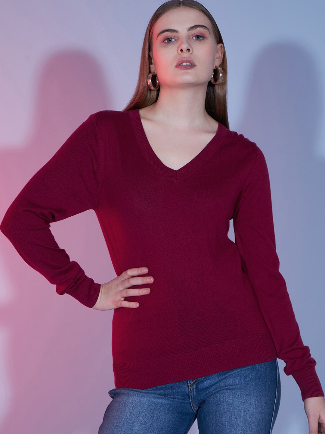 

DressBerry Maroon V-Neck Long Sleeves Cotton Pullover Sweater