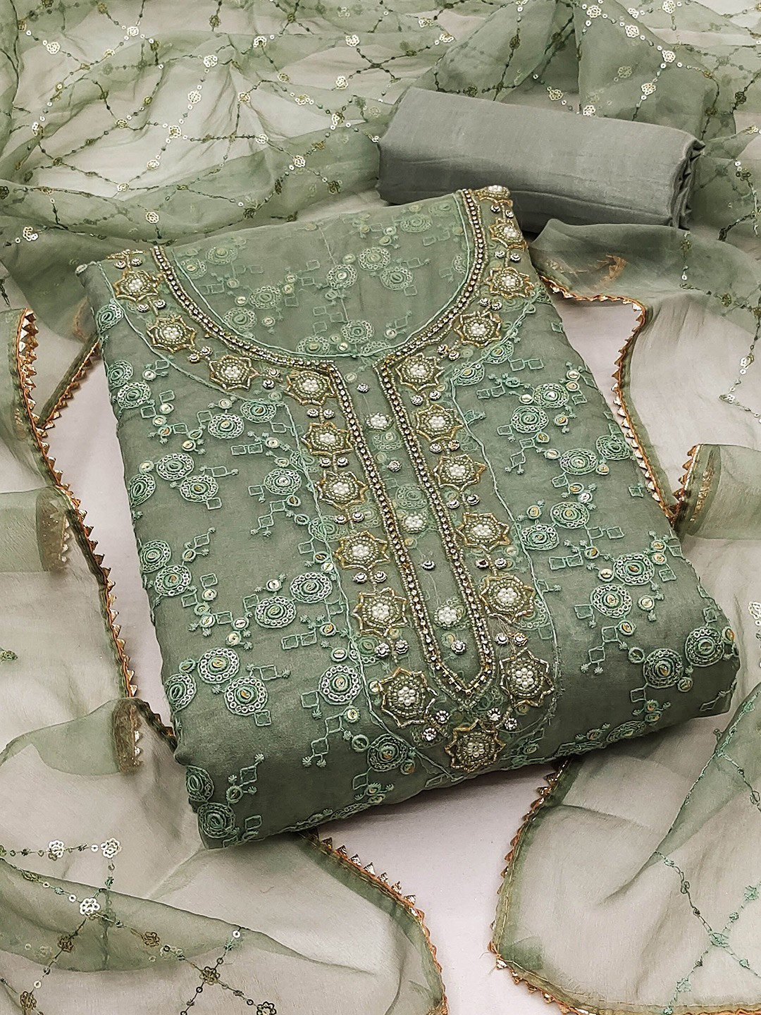 

KALINI Sequinned Embellished Organza Unstitched Dress Material, Green