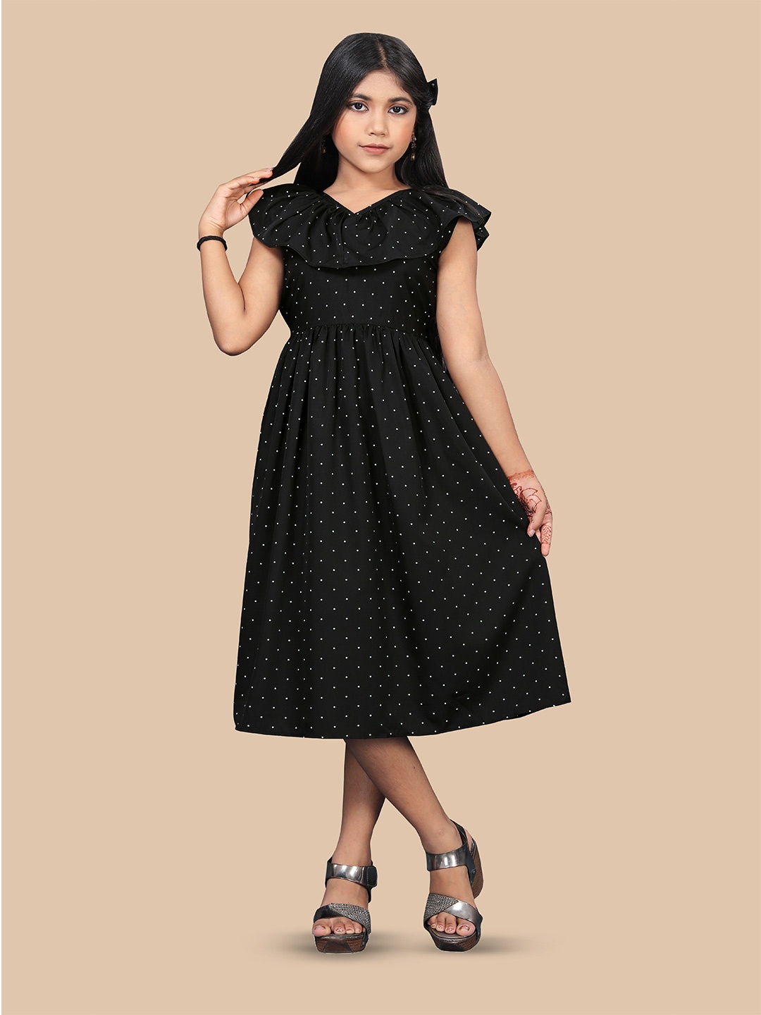 

BAESD Girls Polka Dots Printed Crepe Tie Up Fit & Flare Midi Dress, Black