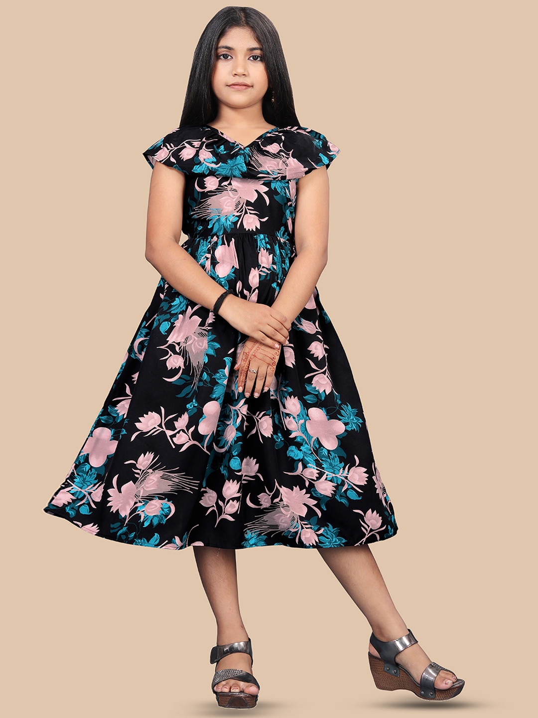 

BAESD Girls Floral Printed Crepe Tie Up Fit & Flare Midi Dress, Black