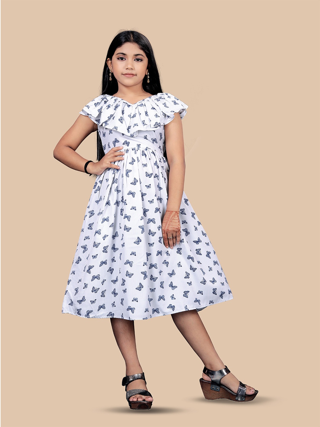 

BAESD Girls Butterfly Printed Crepe Tie Up Fit & Flare Midi Dress, White