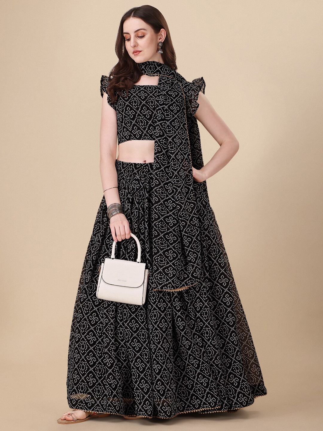 

Momina Fashion Printed Ready to Wear Lehenga & Unstitched Blouse With Dupatta, Black