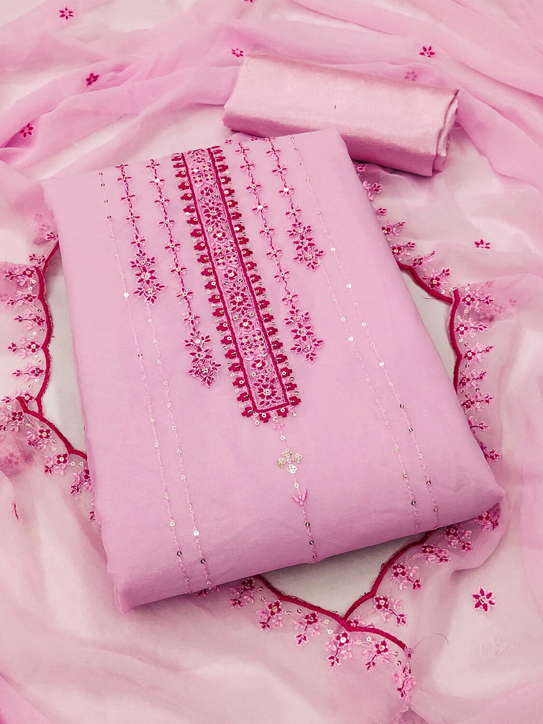 

KALINI Floral Embroidered Unstitched Dress Material, Pink