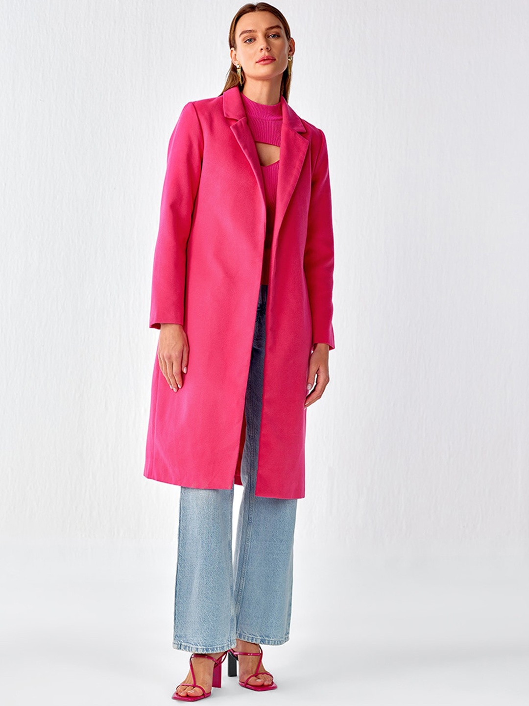 

COVER STORY Notched Lapel Collar Longline Overcoat, Fuchsia