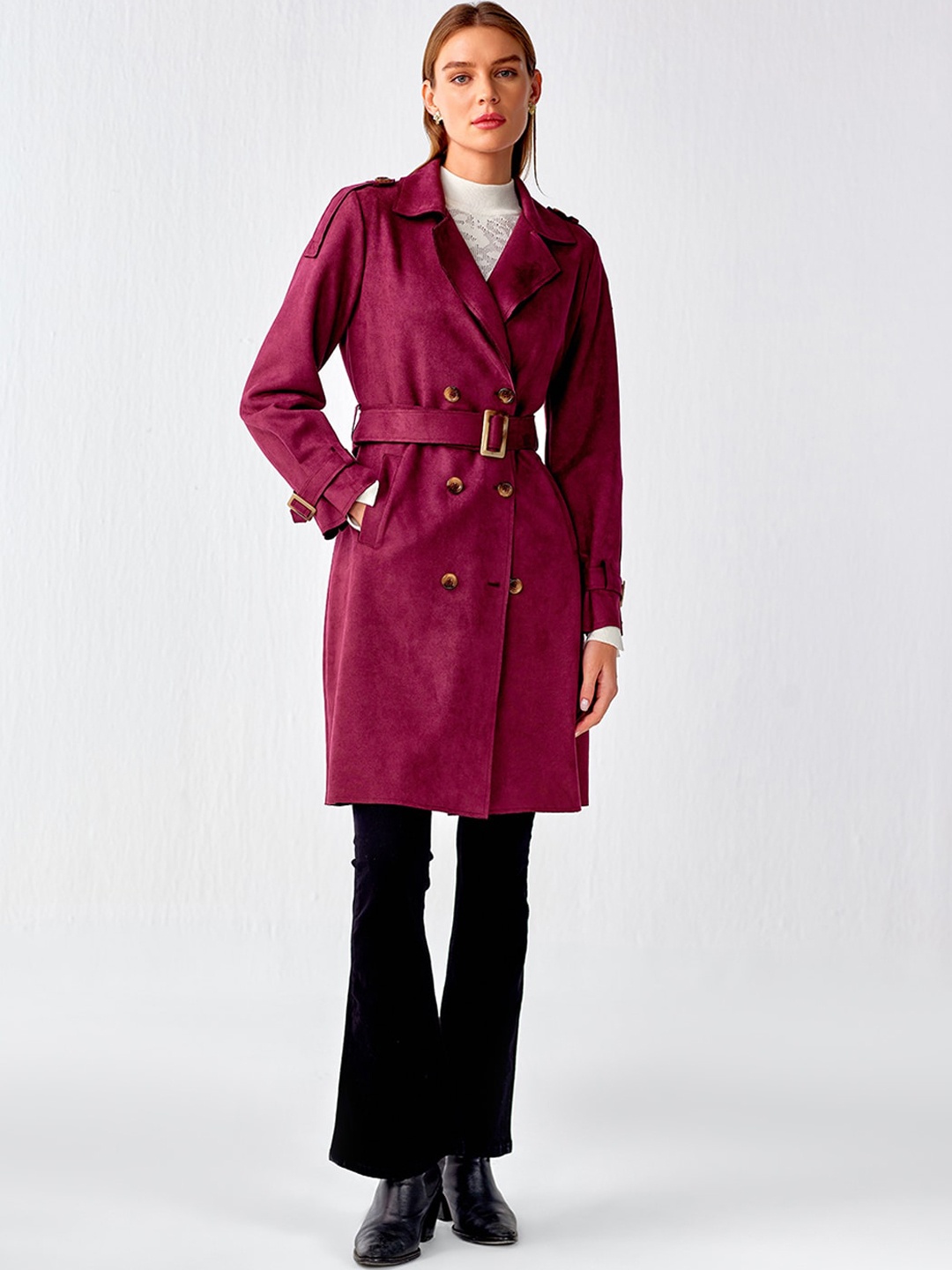 

COVER STORY Notched Lapel Collar Double-Breasted Longline Overcoat, Purple