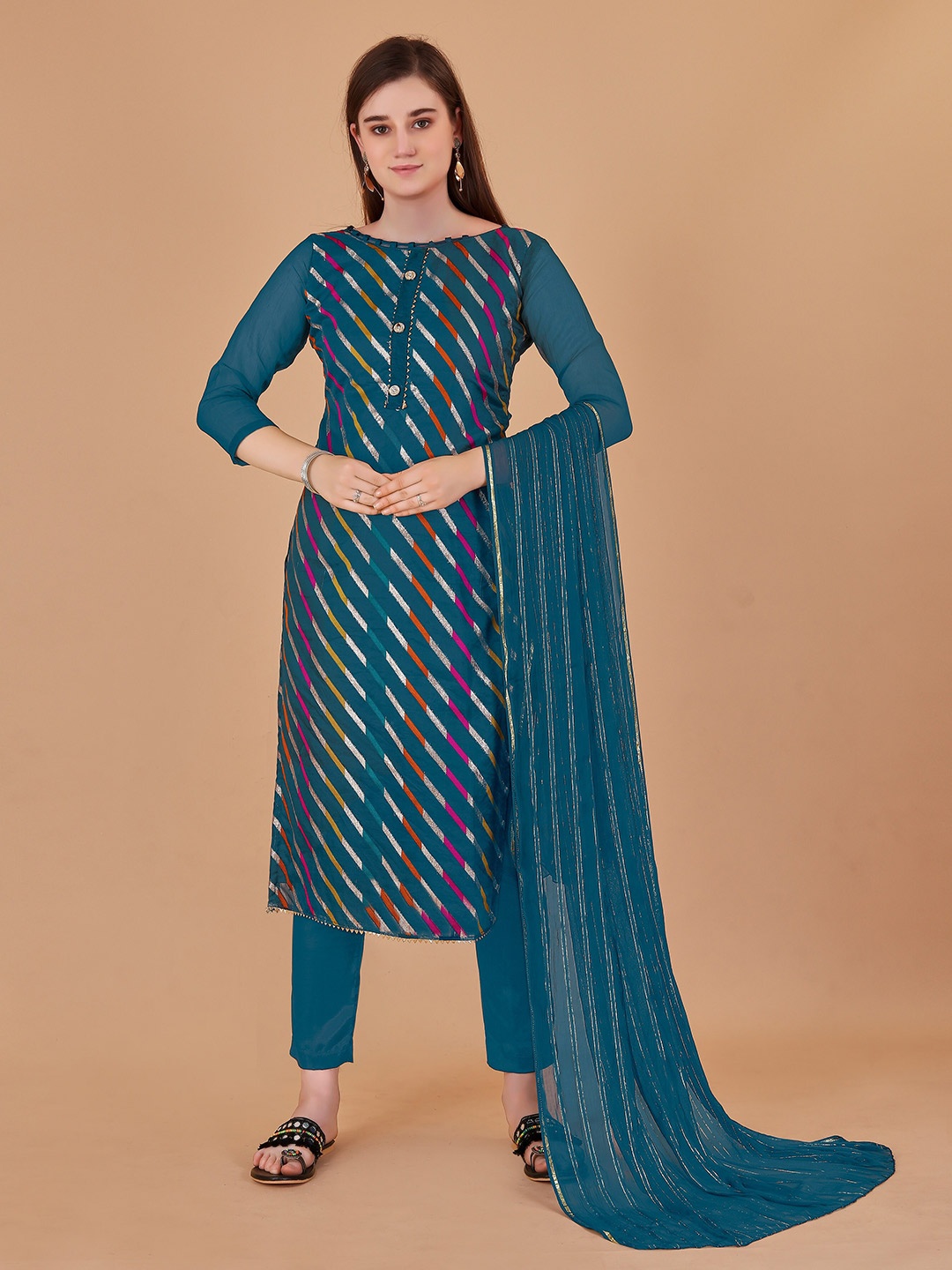 

KALINI Striped Gotta Patti Organza Unstitched Dress Material, Teal
