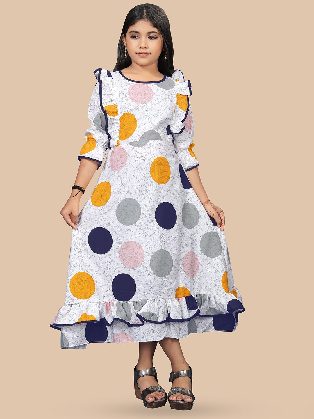 

BAESD Girls Geometric Printed Puff Sleeves Ruffles Detailed A-Line Midi Dress, White