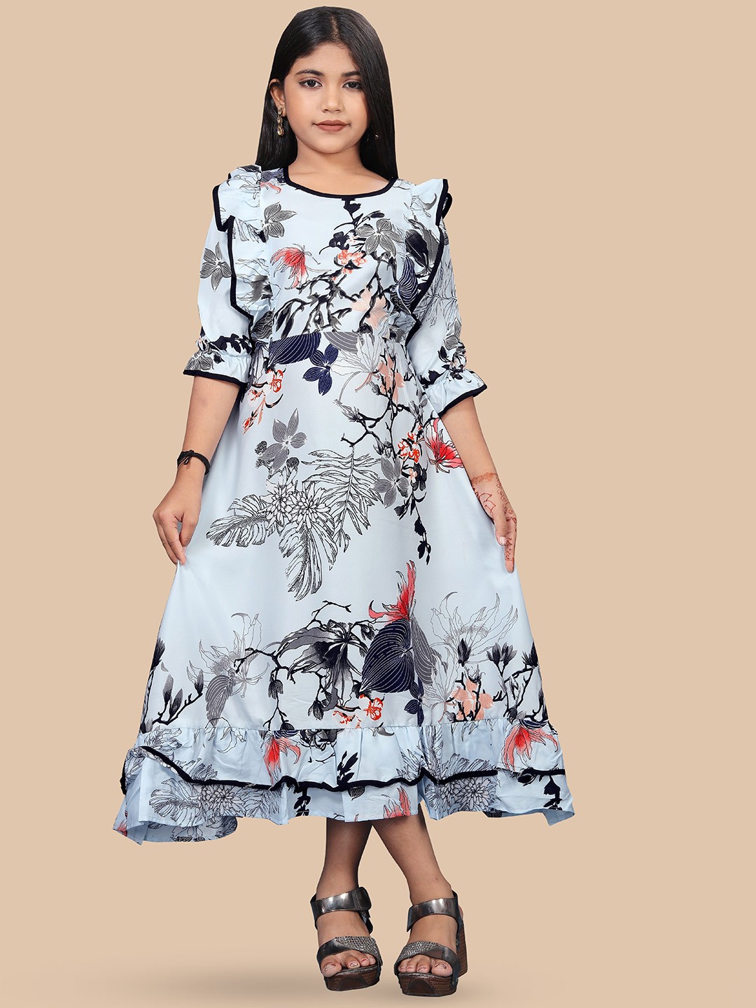 

BAESD Girls Floral Printed Puff Sleeves Ruffles Detailed A-Line Midi Dress, White