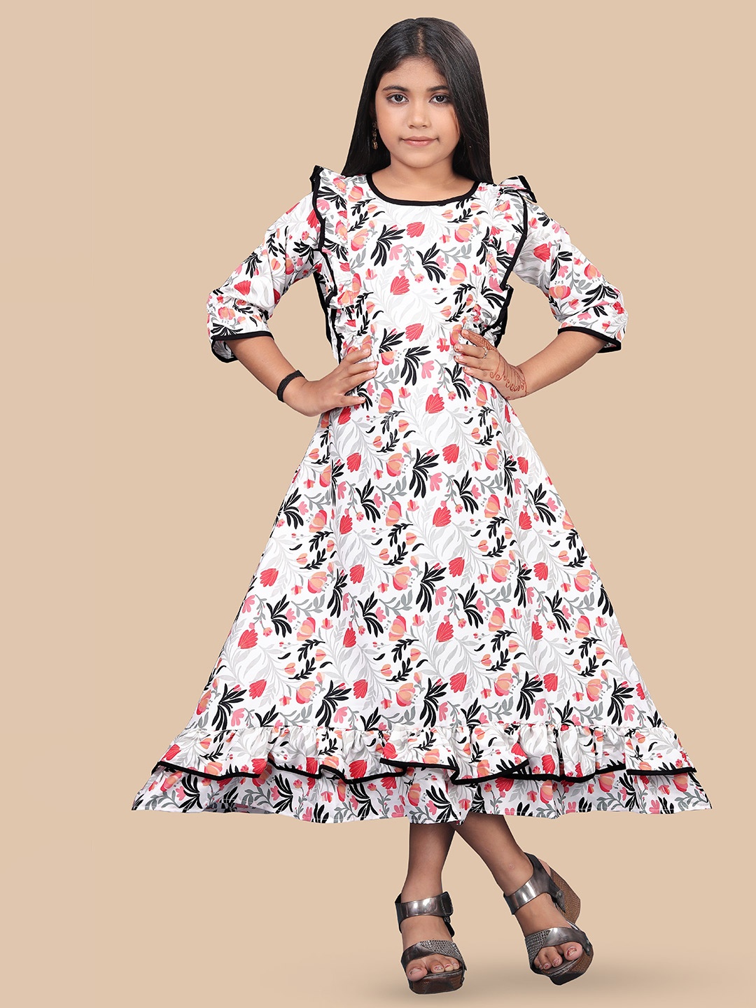 

BAESD Girls Floral Printed Puff Sleeves Ruffles Detailed A-Line Midi Dress, White