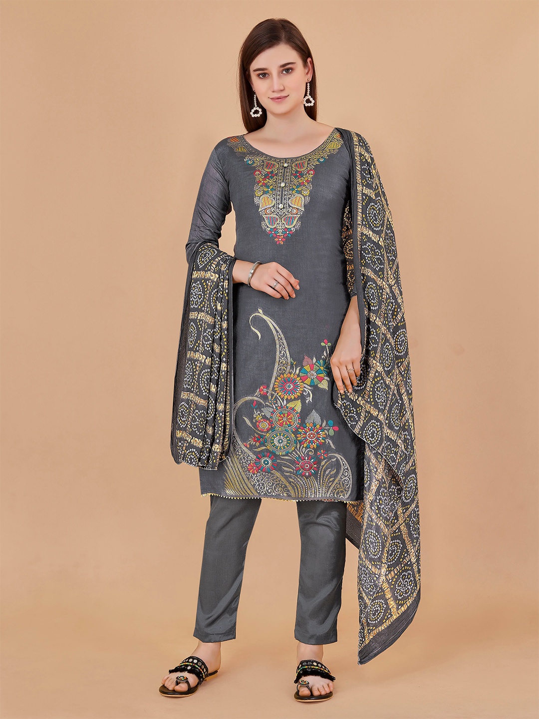 

KALINI Grey Ethnic Motifs Printed Gotta Patti Unstitched Dress Material
