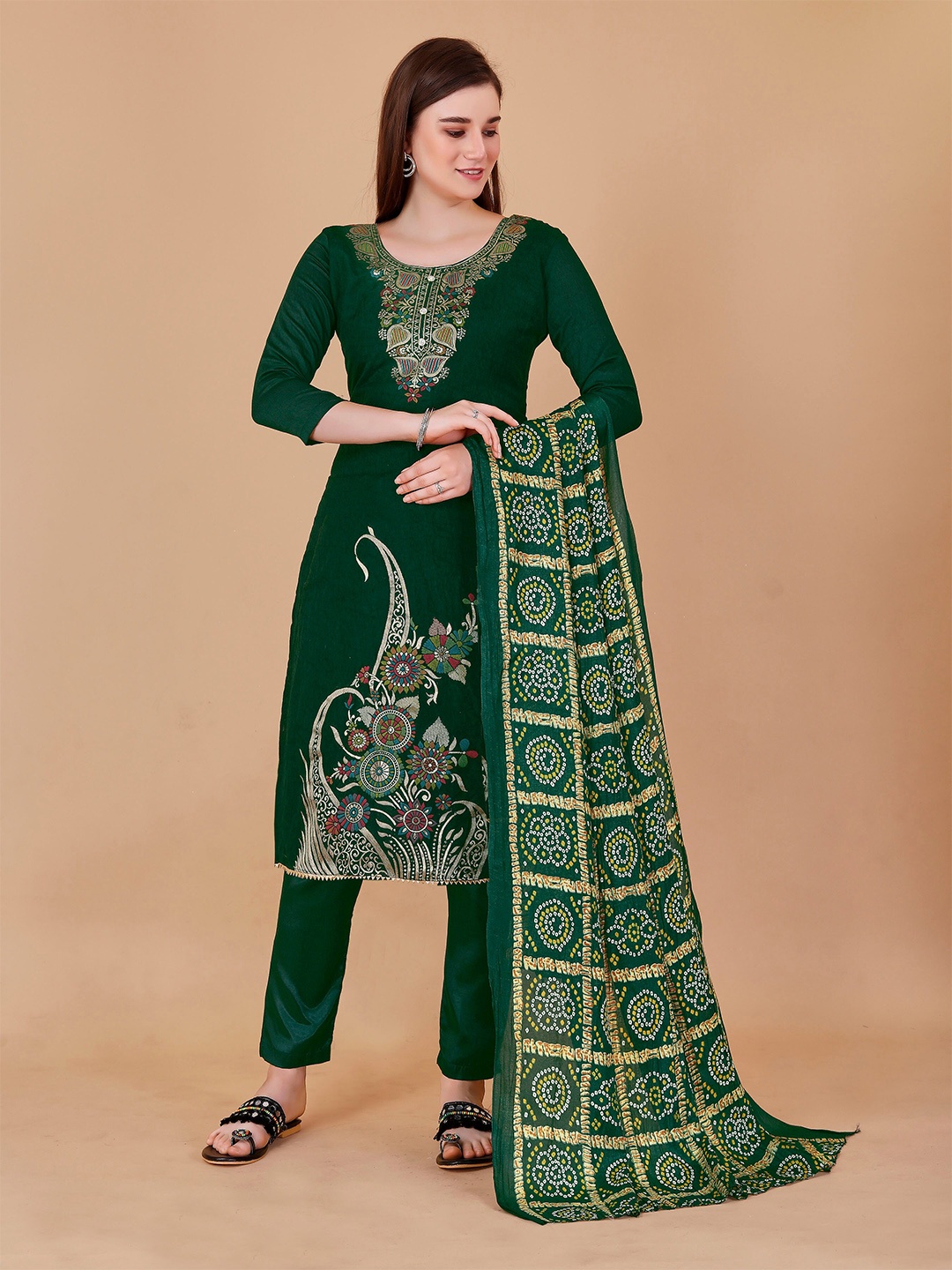 

KALINI Green Ethnic Motifs Printed Gotta Patti Unstitched Dress Material