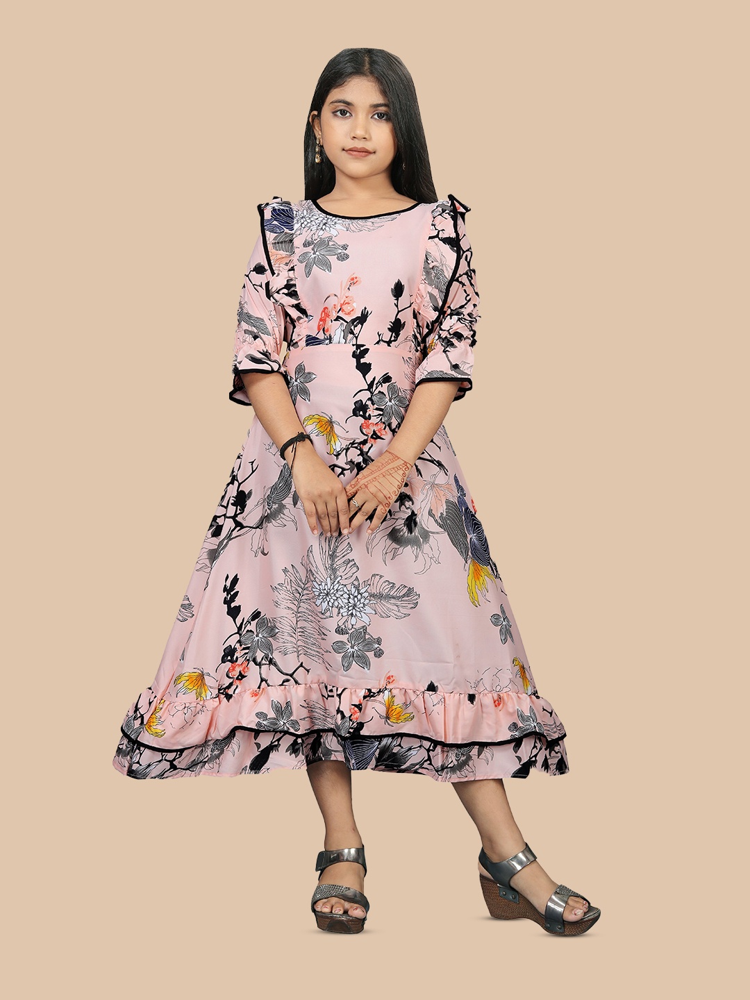

BAESD Girls Floral Printed Ruffled A-Line Midi Dress, Pink