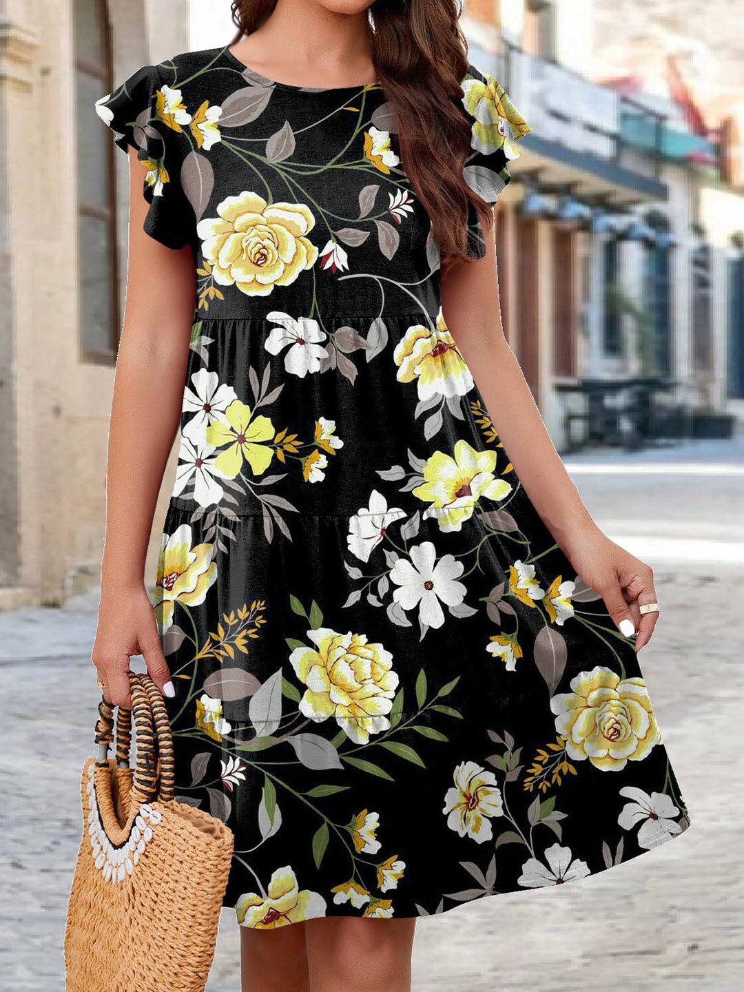 

Stylecast X KPOP Floral Printed Flutter Sleeves Fit and Flare Dress, Yellow