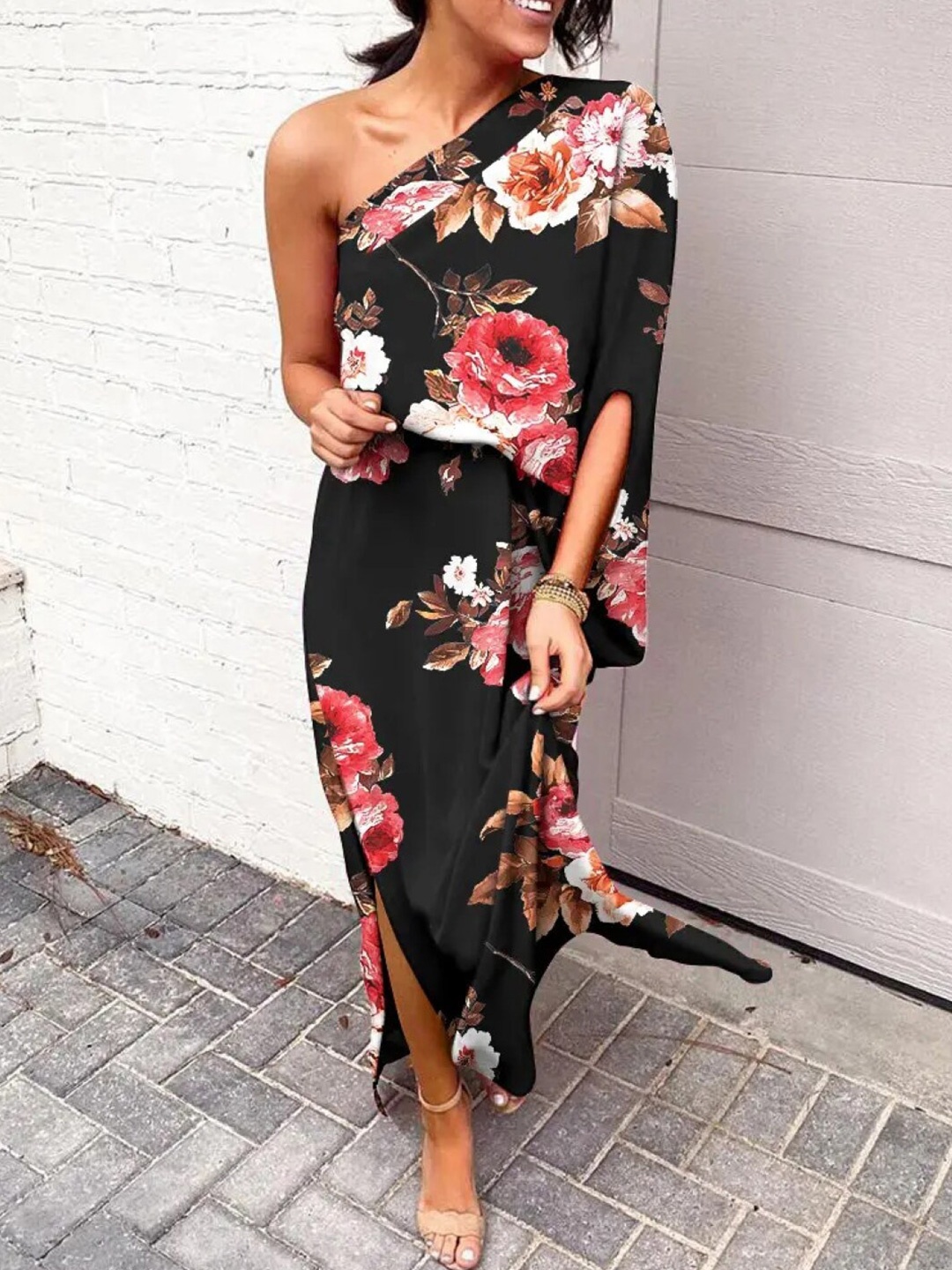 

Stylecast X KPOP Black & Pink Floral Printed One Shoulder A-Line Maxi Dress