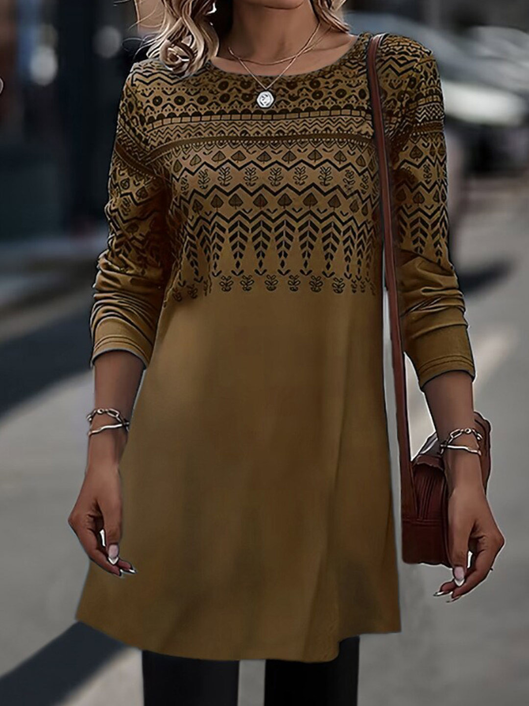 

Stylecast X KPOP Brown Ethnic Motifs Printed A-Line Dress