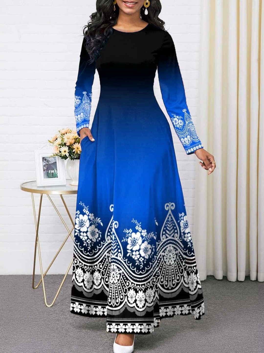 

Stylecast X KPOP Blue Ethnic Motifs Printed A-Line Maxi Dress