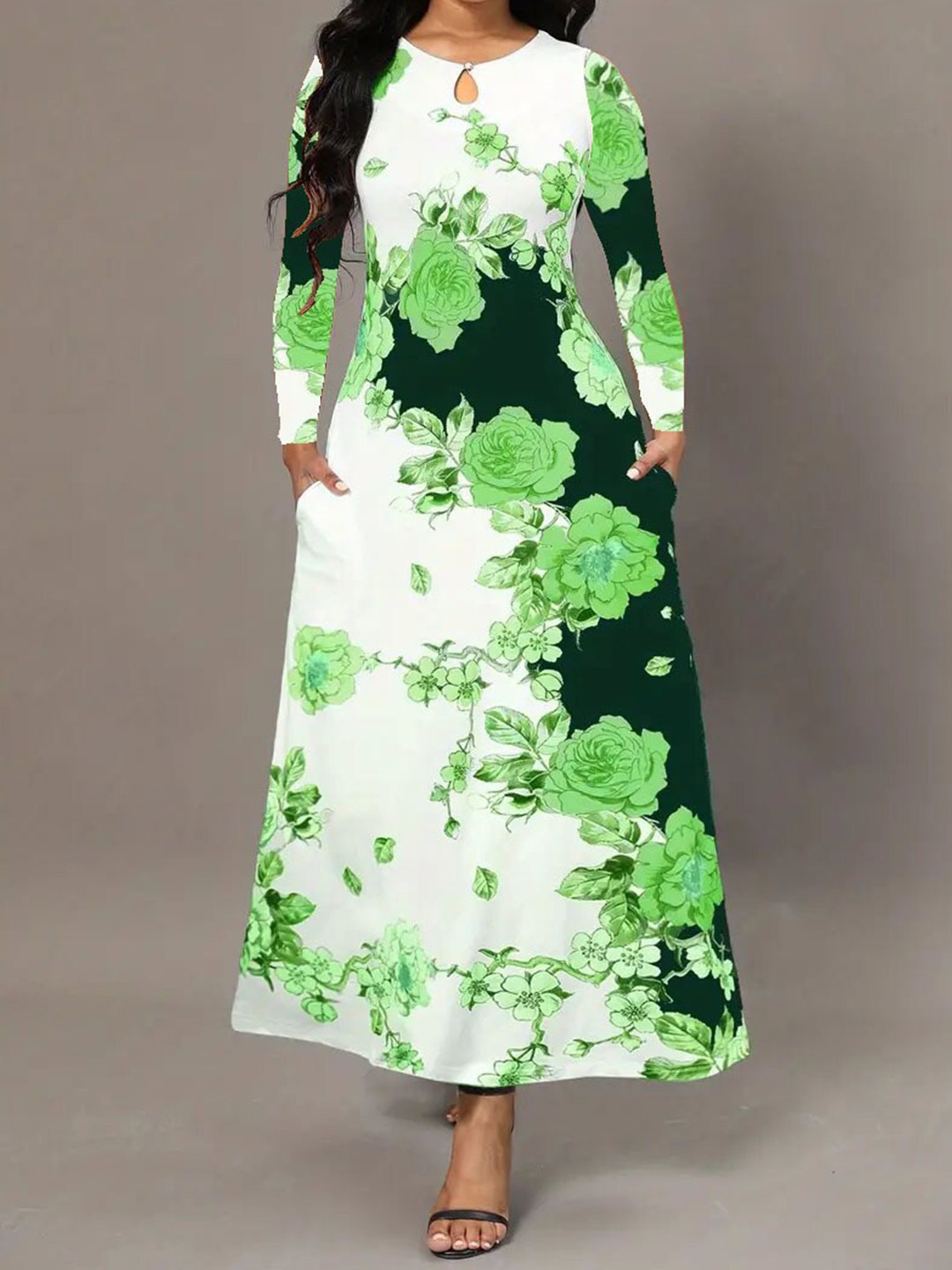 

Stylecast X KPOP Green Floral Printed Keyhole Neck A-Line Maxi Dress