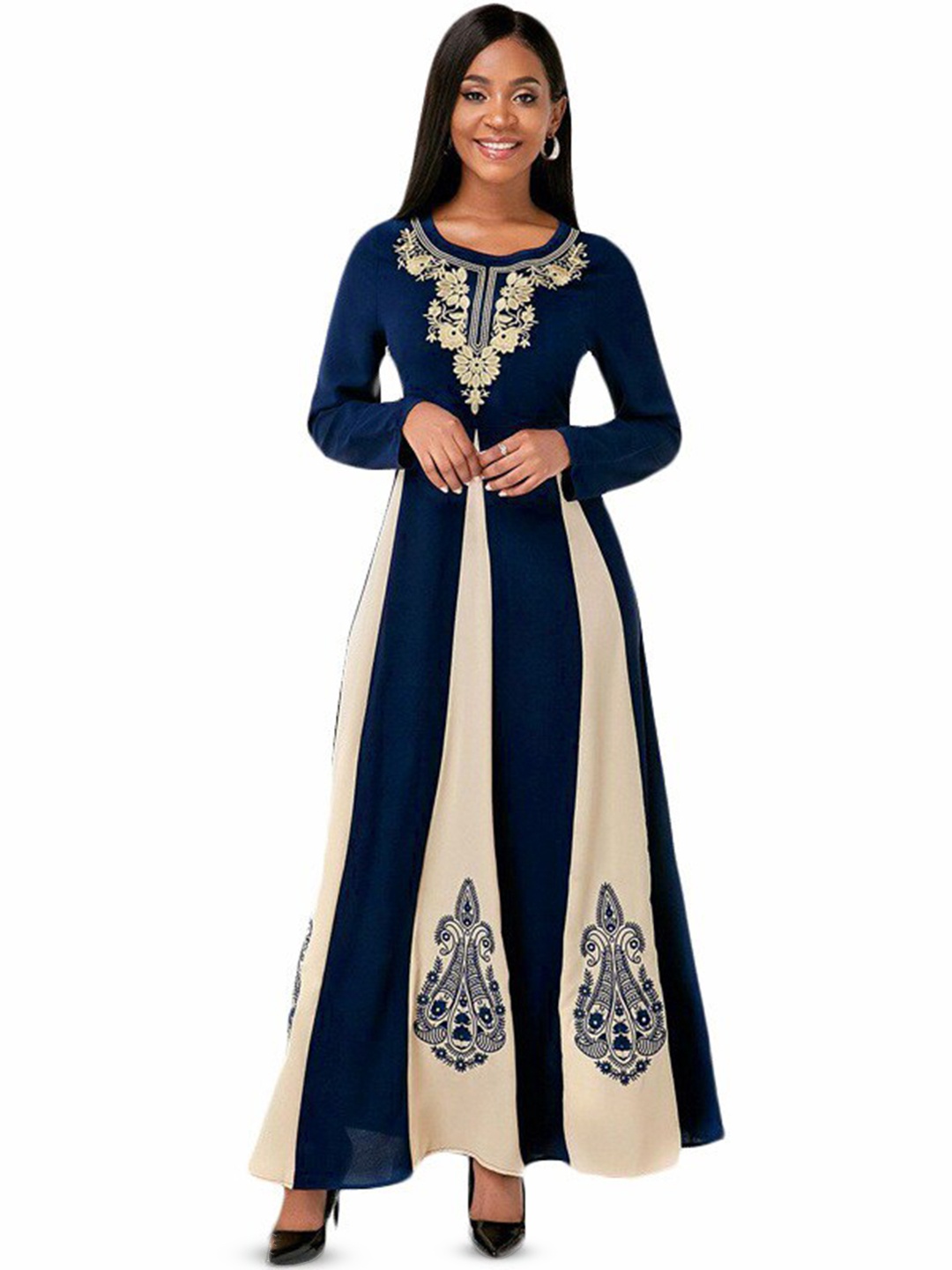 

Stylecast X KPOP Navy Blue Ethnic Motifs Printed A-Line Maxi Dress
