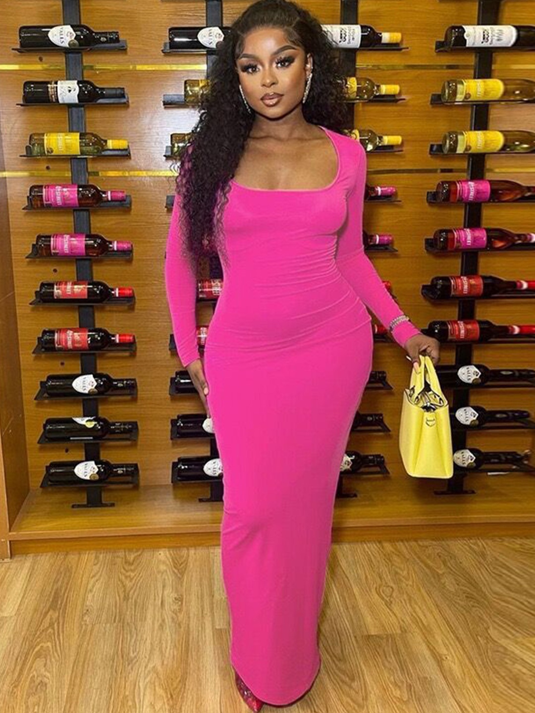 

Stylecast X KPOP Pink Square Neck Bodycon Maxi Dress