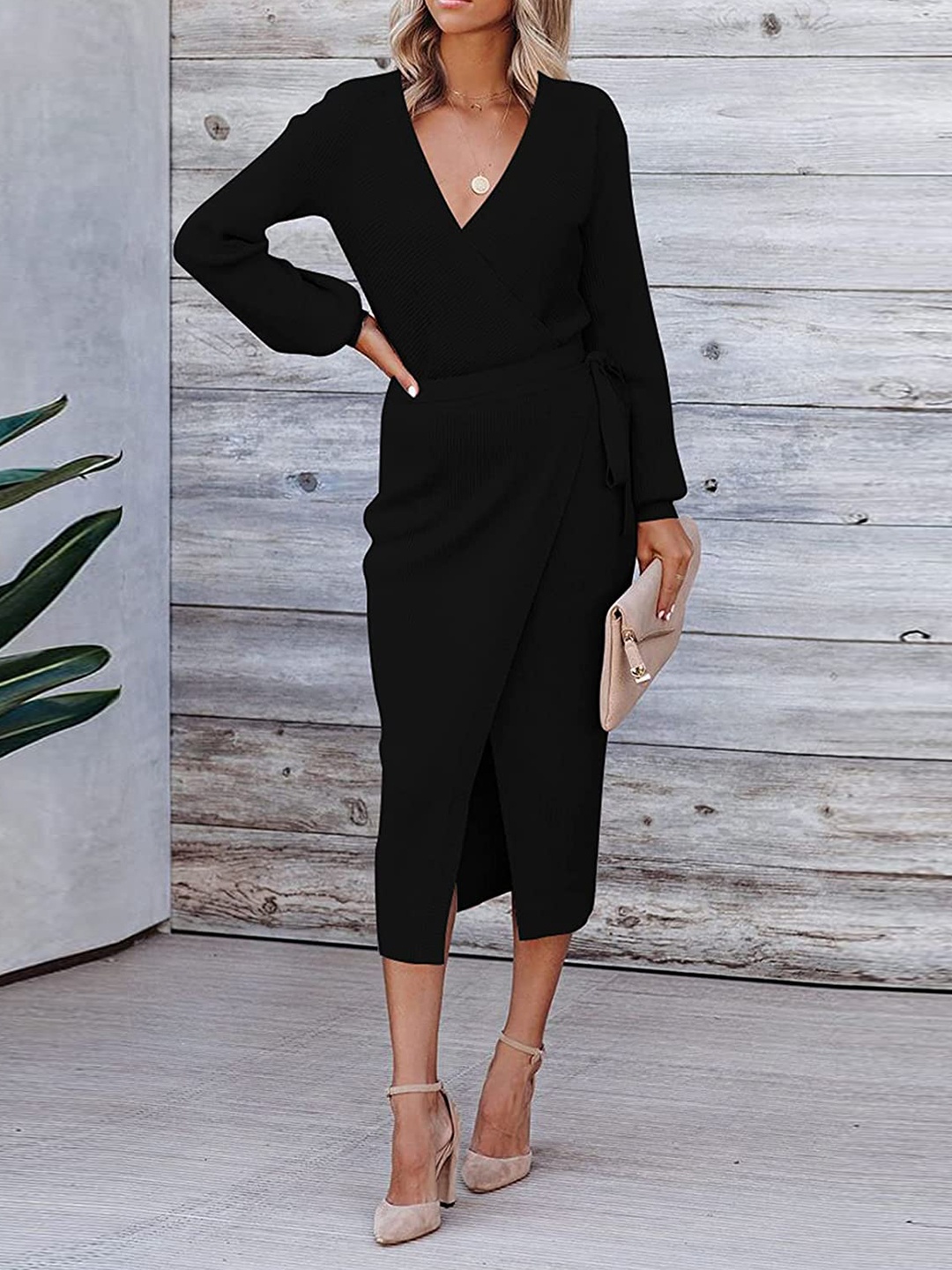 

Stylecast X KPOP V-Neck Wrap Midi Dress, Black