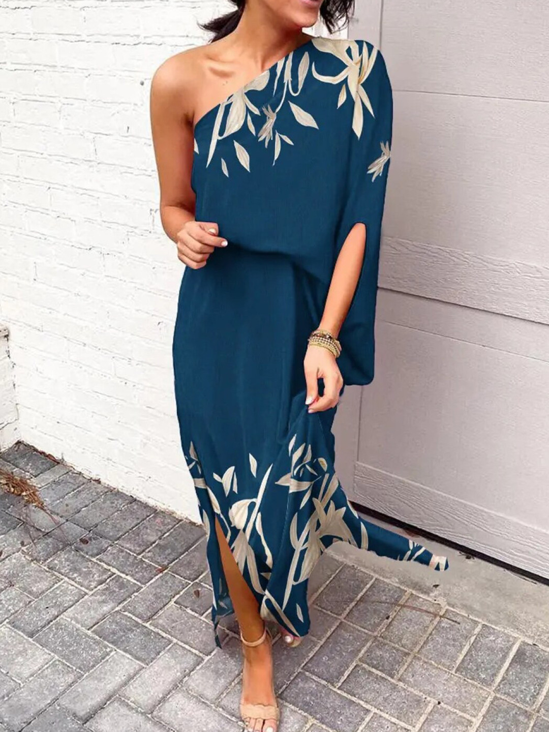 

Stylecast X KPOP Navy Blue Floral Printed One Shoulder Kimono Sleeves Maxi Dress