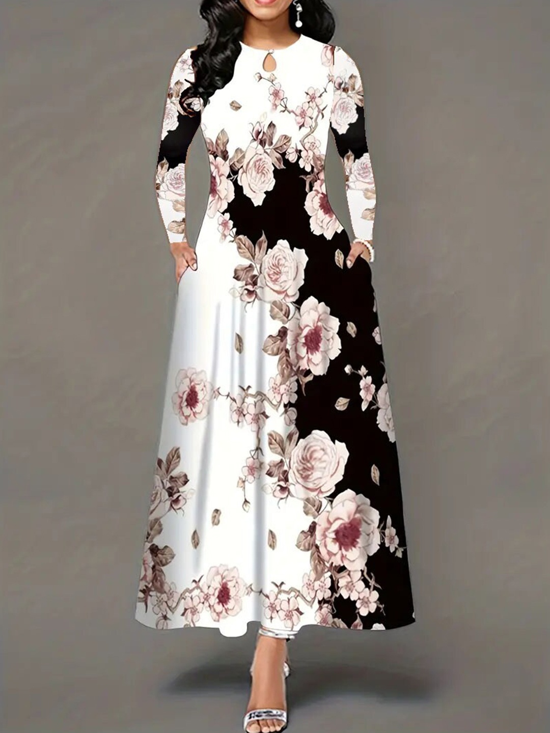 

Stylecast X KPOP Black Floral Printed Keyhole Neck Maxi Dress