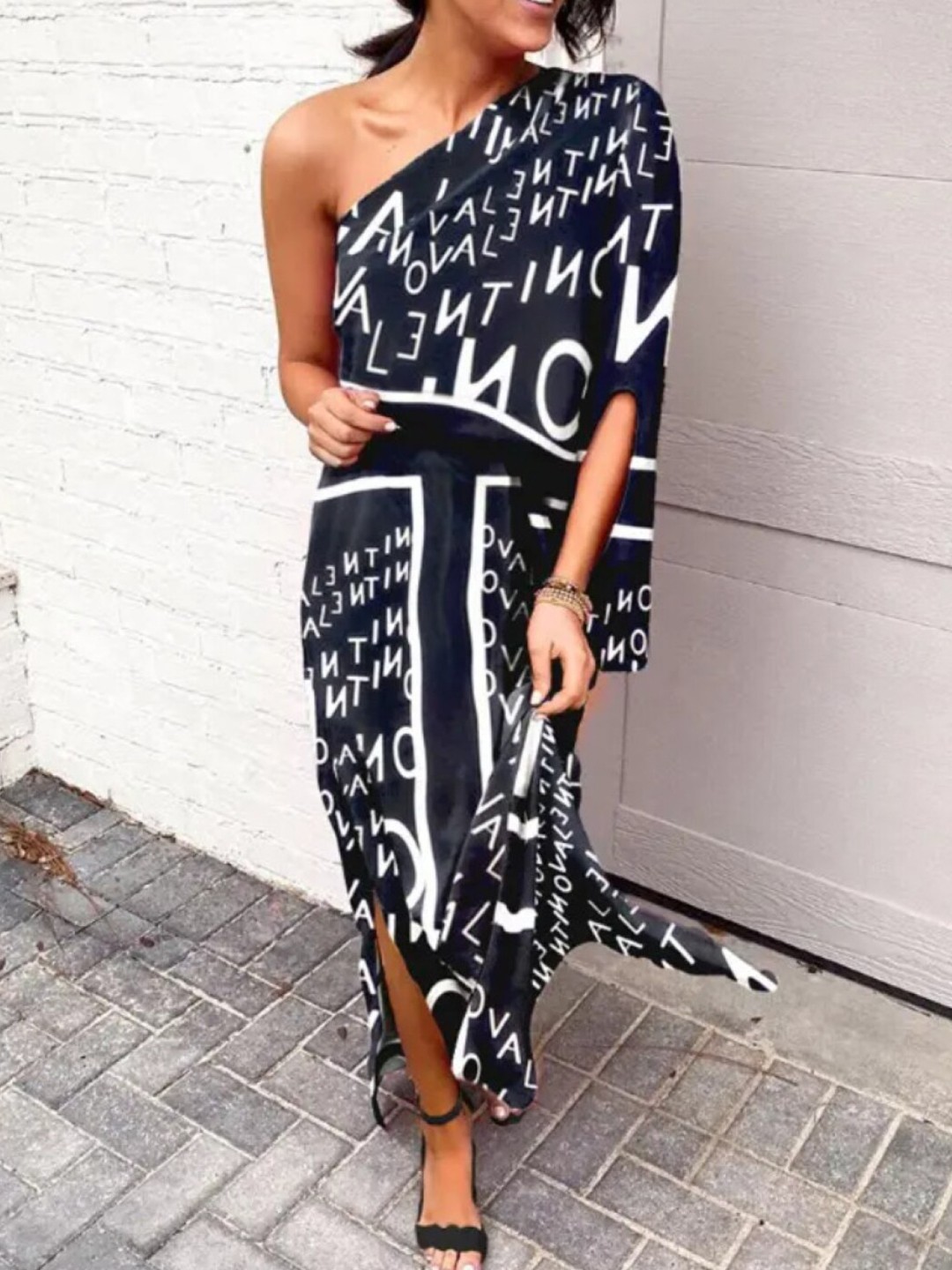 

Stylecast X KPOP Black Typography Printed One Shoulder Kimono Sleeves Maxi Dress