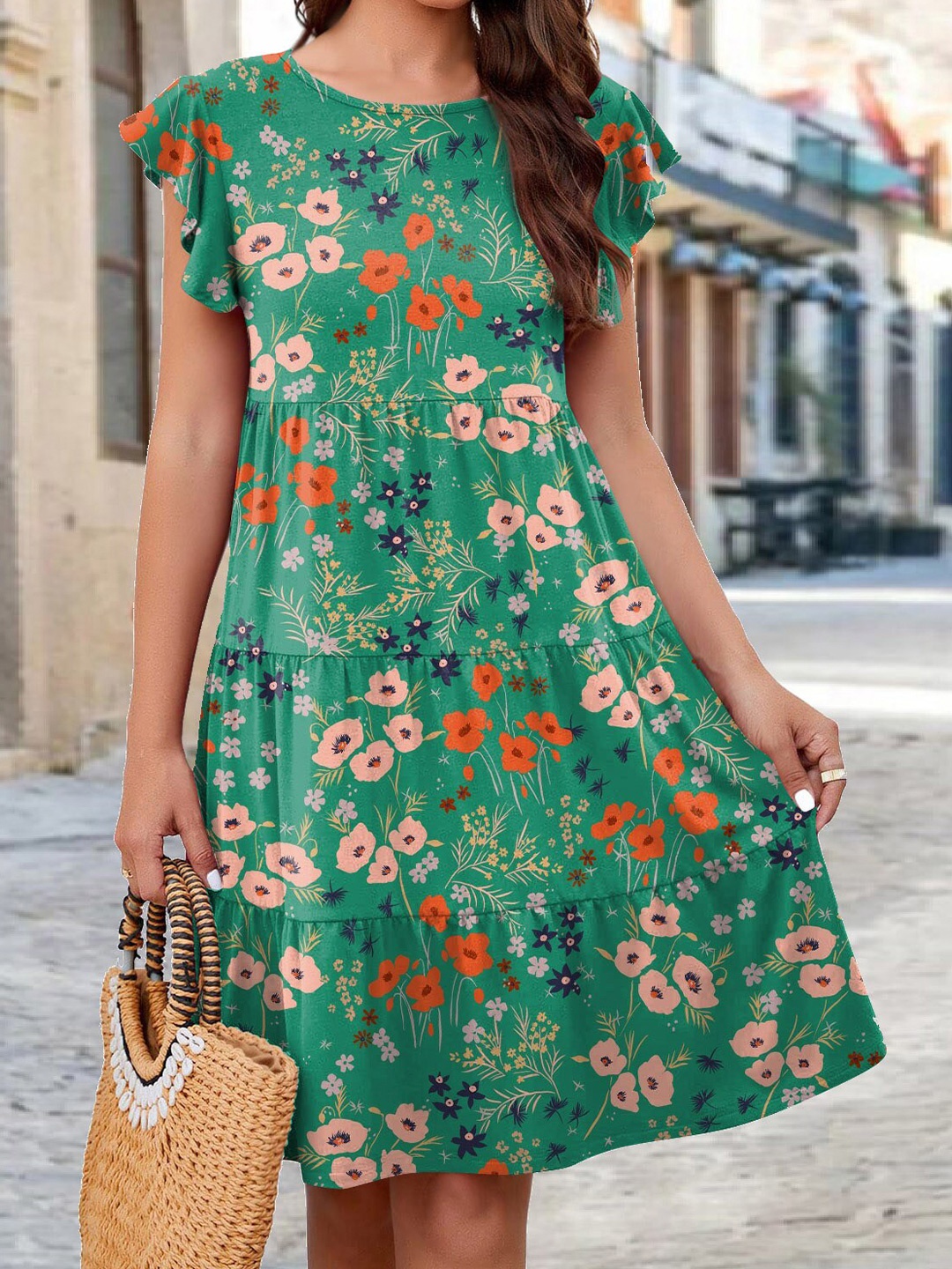 

Stylecast X KPOP Green Floral Printed Flutter Sleeves A-Line Dress