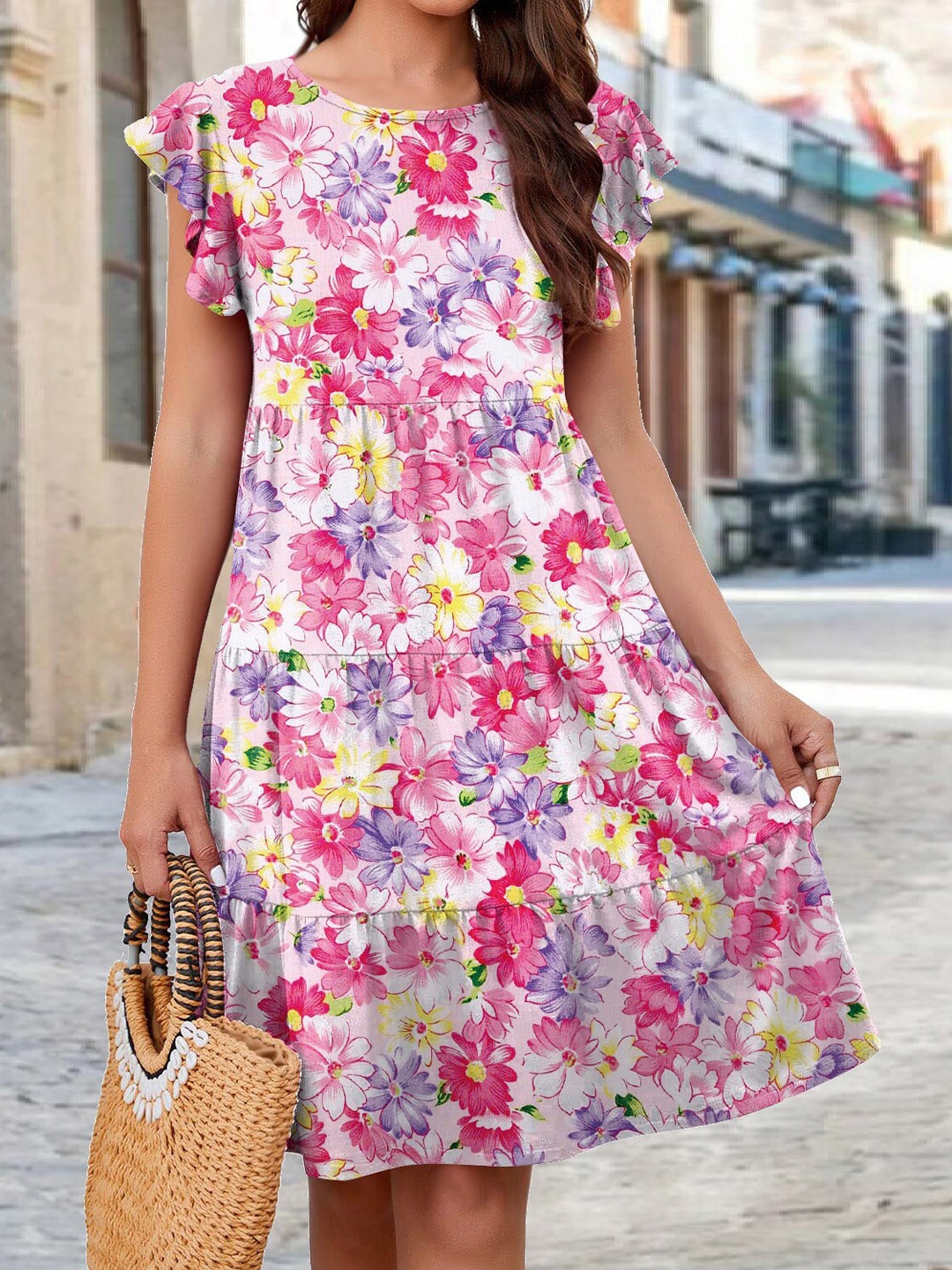 

Stylecast X KPOP Pink Floral Printed Flutter Sleeves A-Line Dress