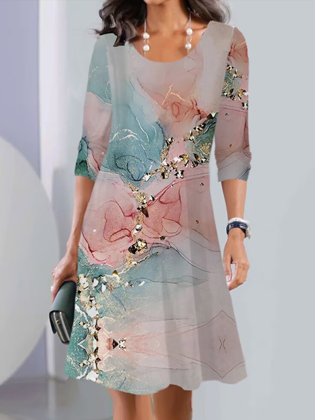 

Stylecast X KPOP Cream-Coloured Abstract Printed Round Neck A-Line Dress