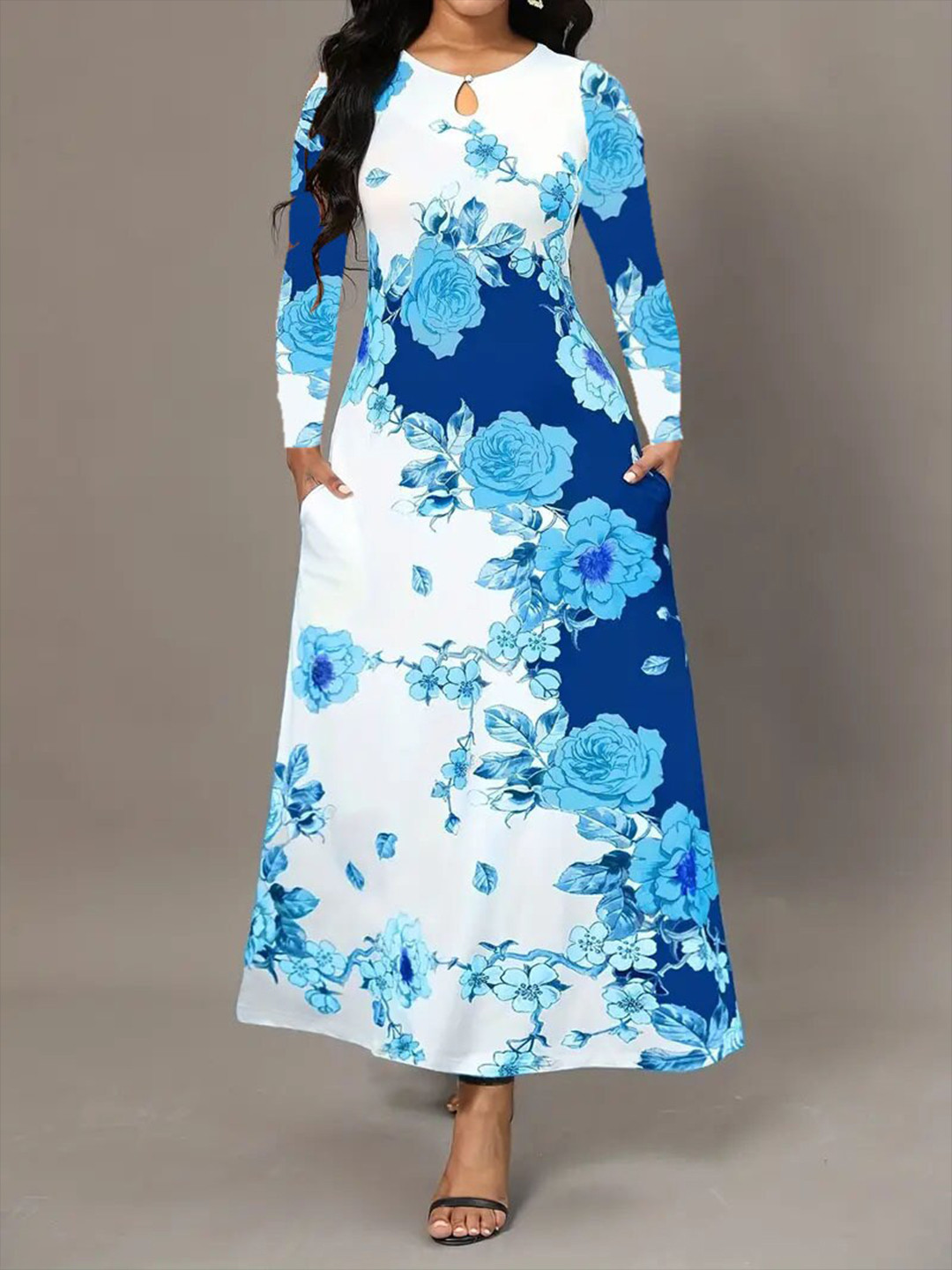 

Stylecast X KPOP Blue Floral Printed A-Line Maxi Dress
