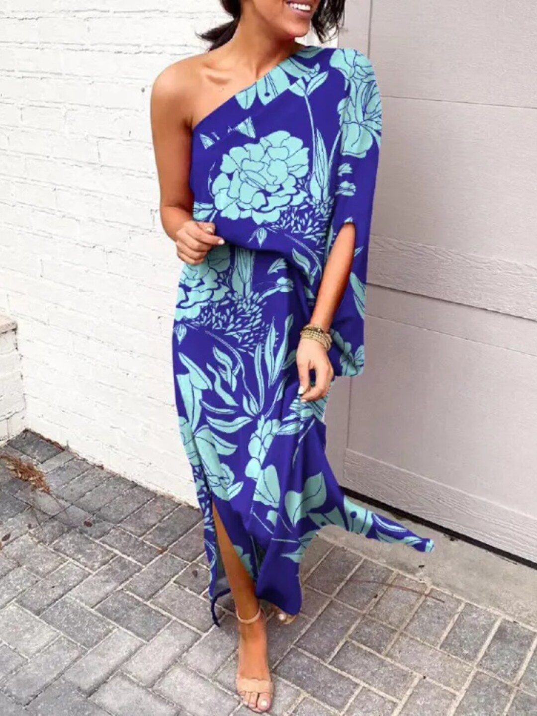 

Stylecast X KPOP Blue Floral Printed One Shoulder A-Line Dress