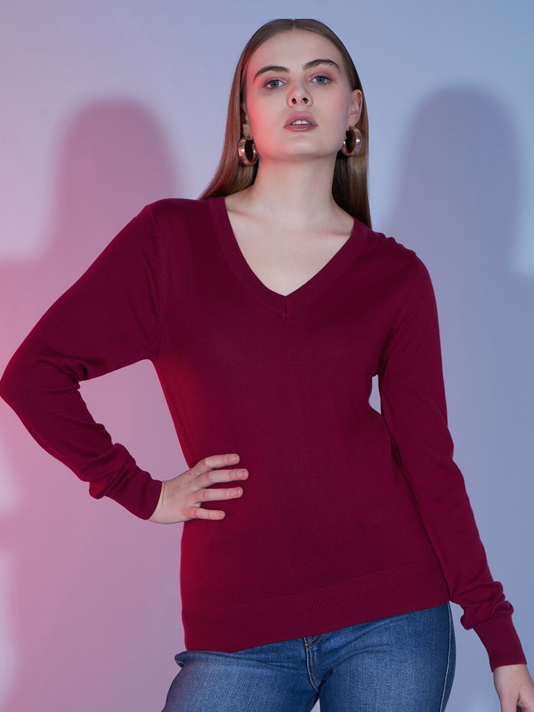 

BAESD V-Neck Long Sleeves Cotton Pullover Sweater, Maroon