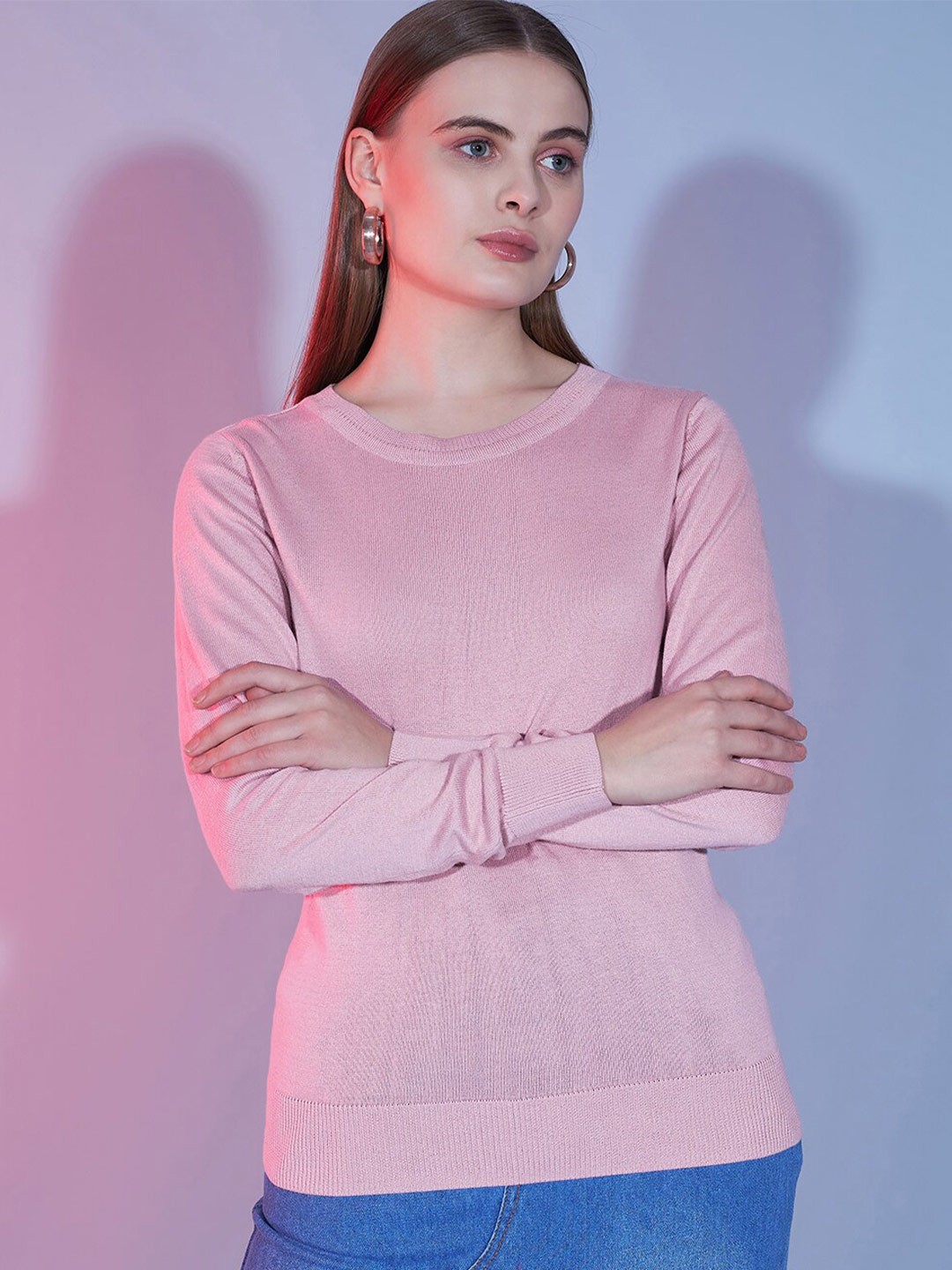 

BAESD Round Neck Long Sleeves Cotton Pullover Sweater, Rose