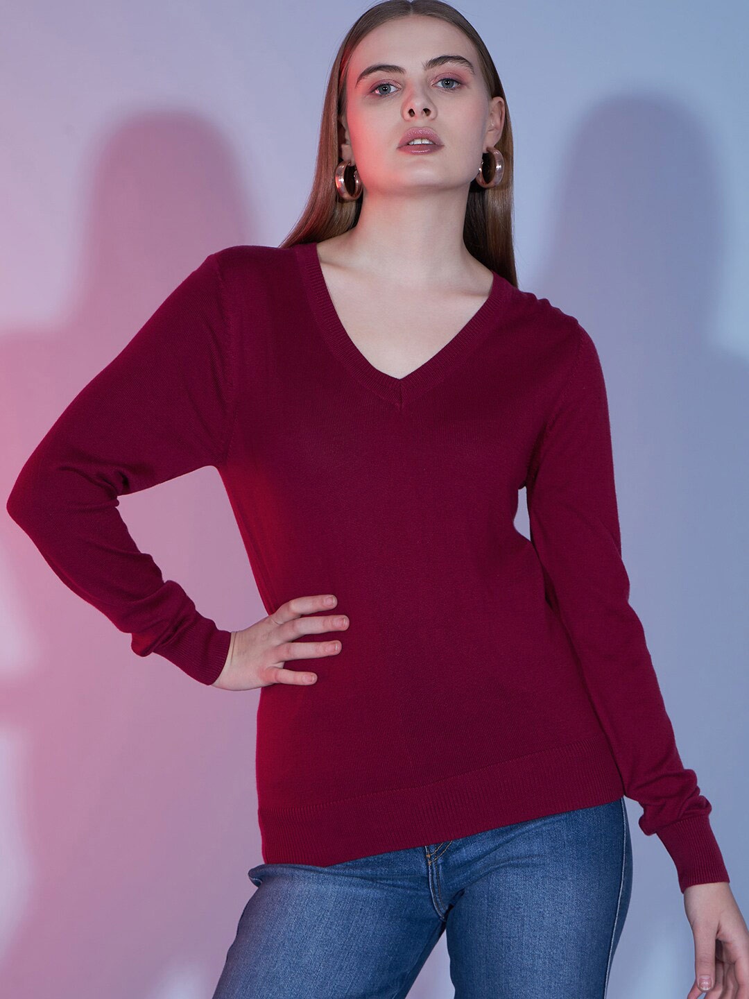 

BAESD V-Neck Long Sleeves Cotton Pullover Sweater, Maroon