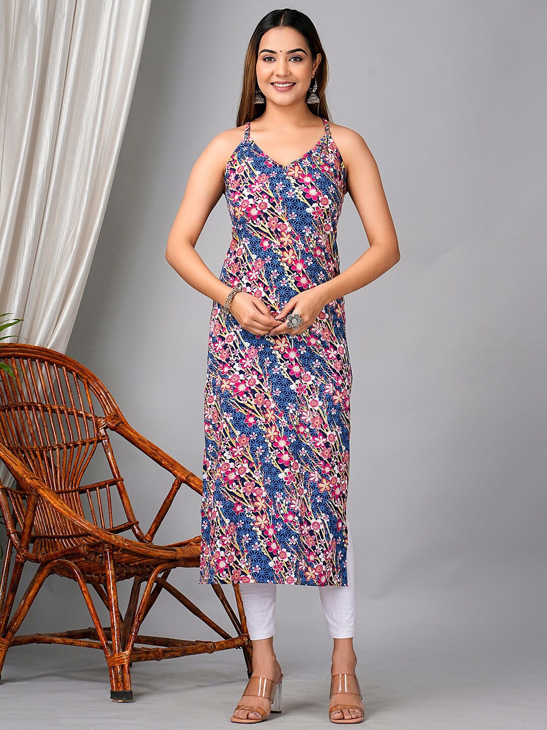 

KPF Floral Printed Shoulder Straps Straight Kurta, Blue