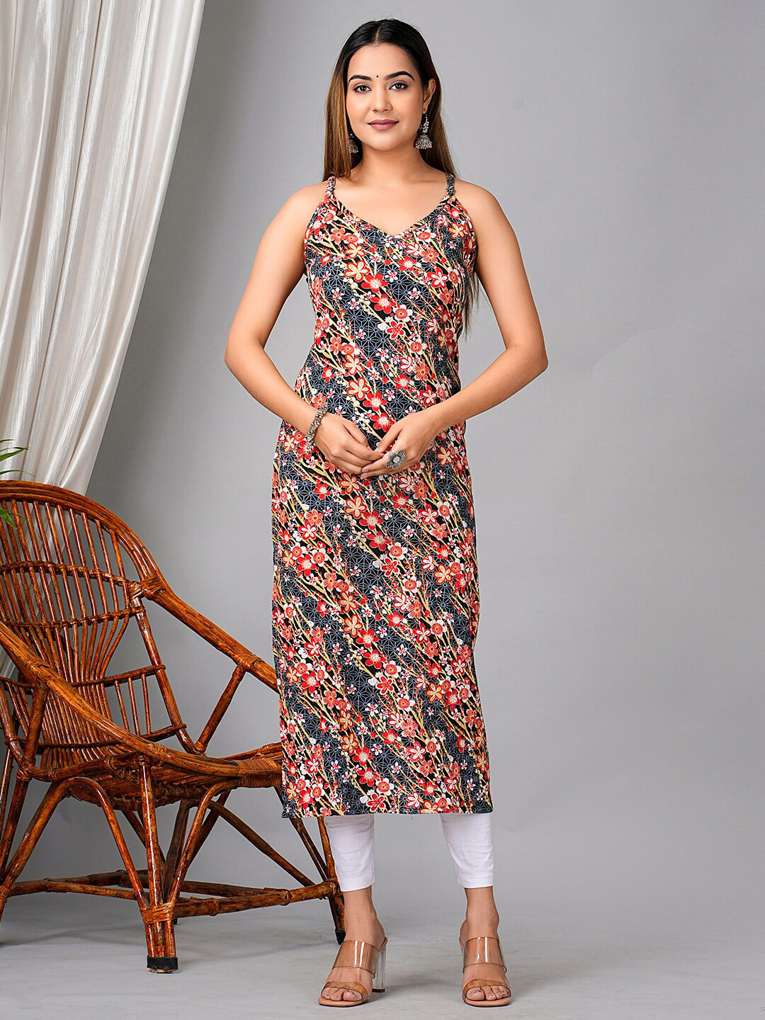 

KPF Floral Printed Shoulder Straps Straight Kurta, Red