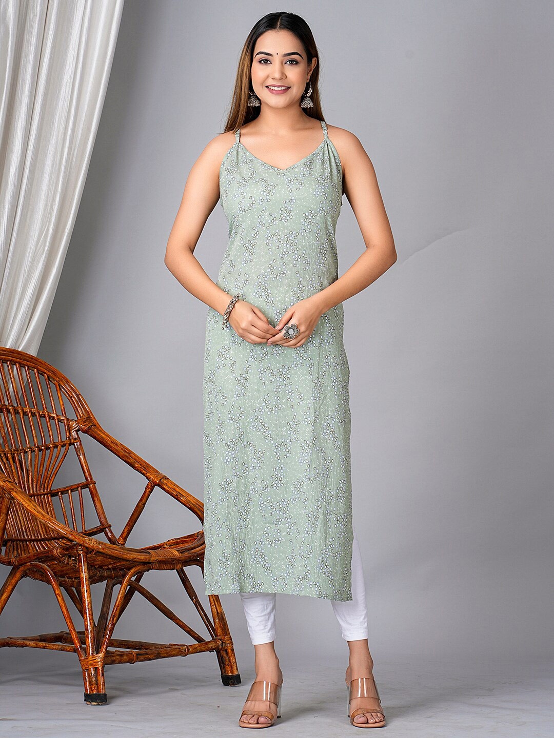 

KPF Floral Printed Shoulder Straps Straight Kurta, Green